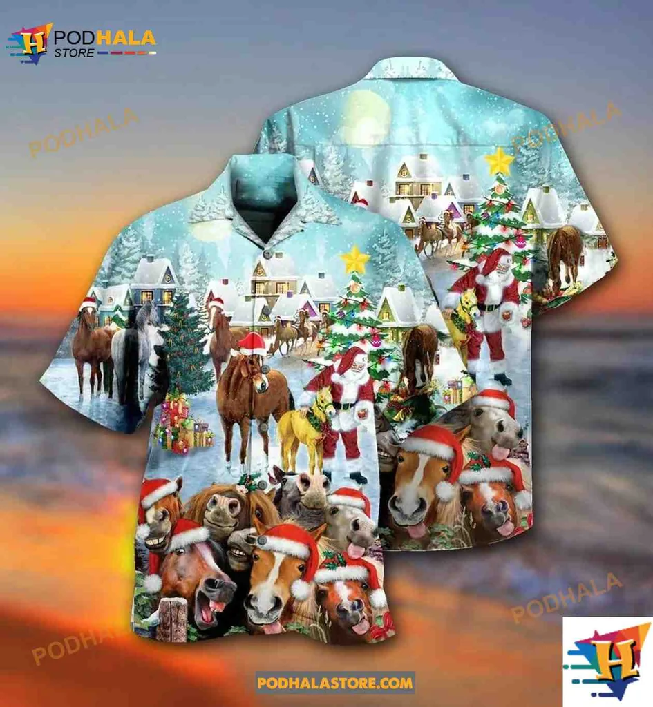 Festive Horse Christmas Hawaiian Shirt With Santa Hats And Snowy Background