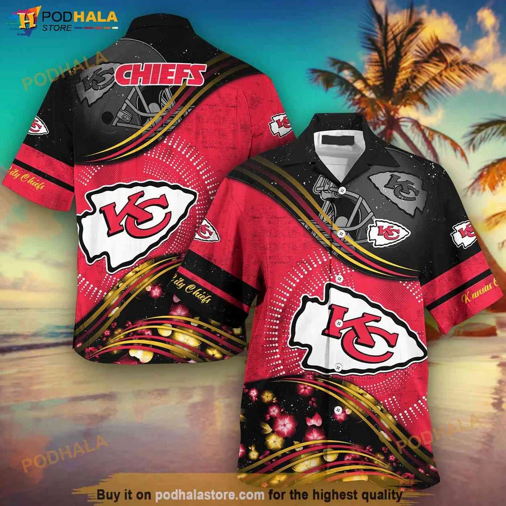 Festive Kansas City Chiefs Aloha Shirt, Vibrant Red And Black Casual Button Down Shirt