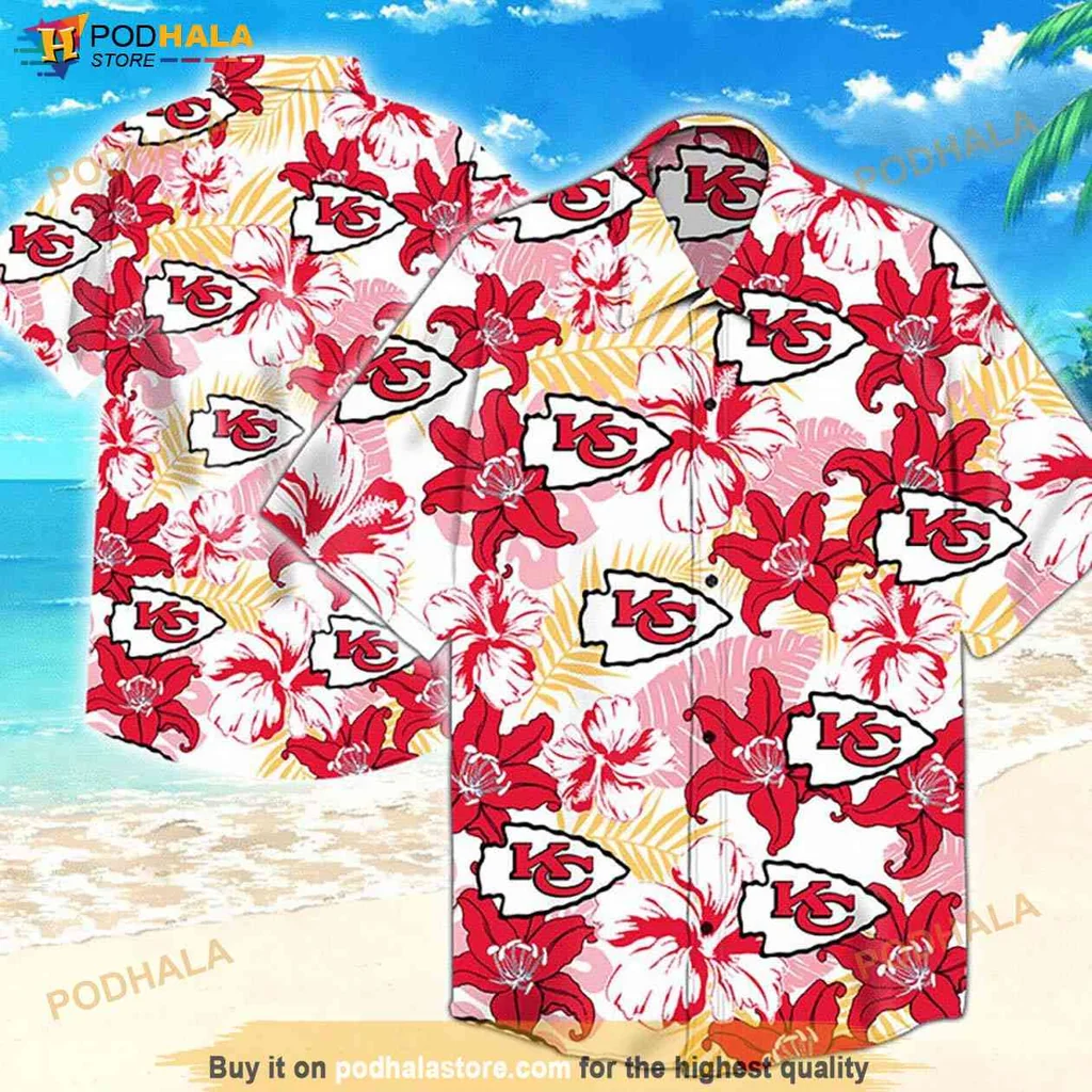 Festive Kansas City Chiefs Hawaiian Shirt With Tropical Floral Design, Beach Party Style