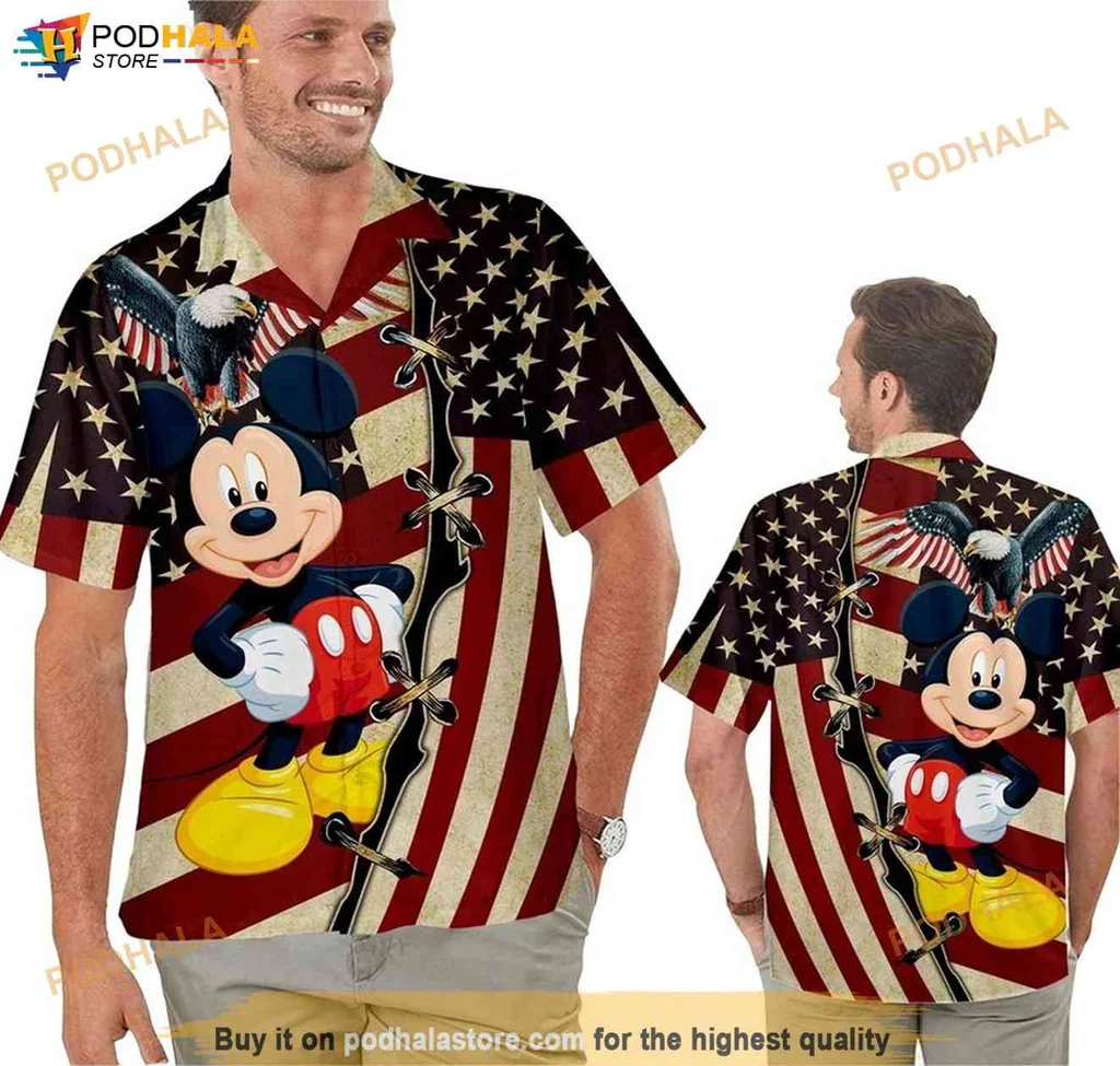 Festive Mickey Mouse Aloha Shirt For 4th Of July, Patriotic Summer Casual Wear