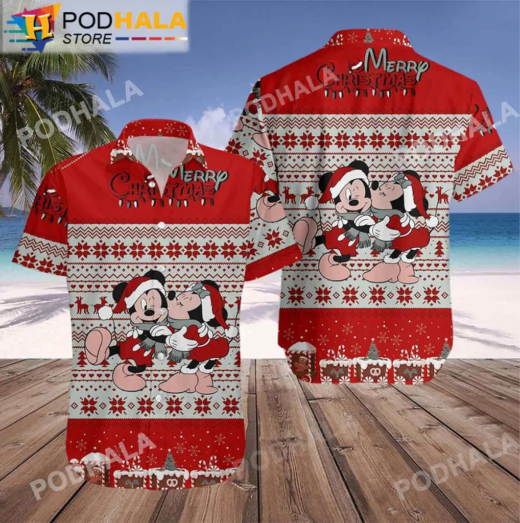 Festive Mickey Mouse Hawaiian Shirt Merry Christmas Design With Mickey And Minnie