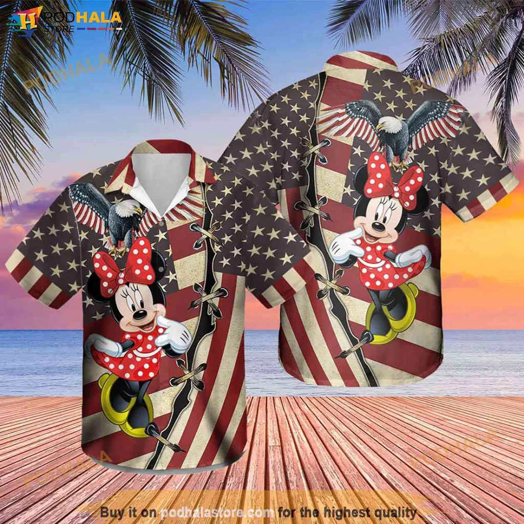 Festive Minnie Mouse Aloha Shirt, Patriotic American Flag Design For 4th Of July