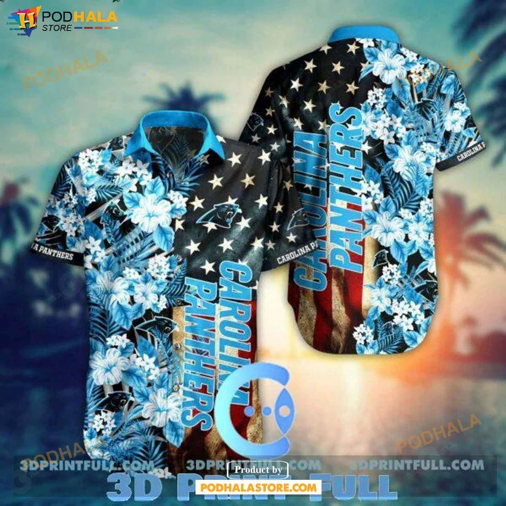 Festive Panthers Fan Hawaiian Shirt With Tropical Flowers And American Flag Design