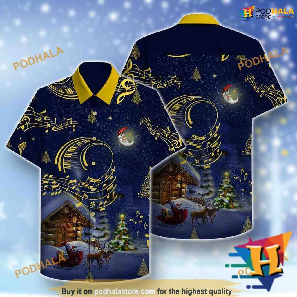 Festive Santa Claus Hawaiian Shirt With Cozy Cabin And Musical Notes