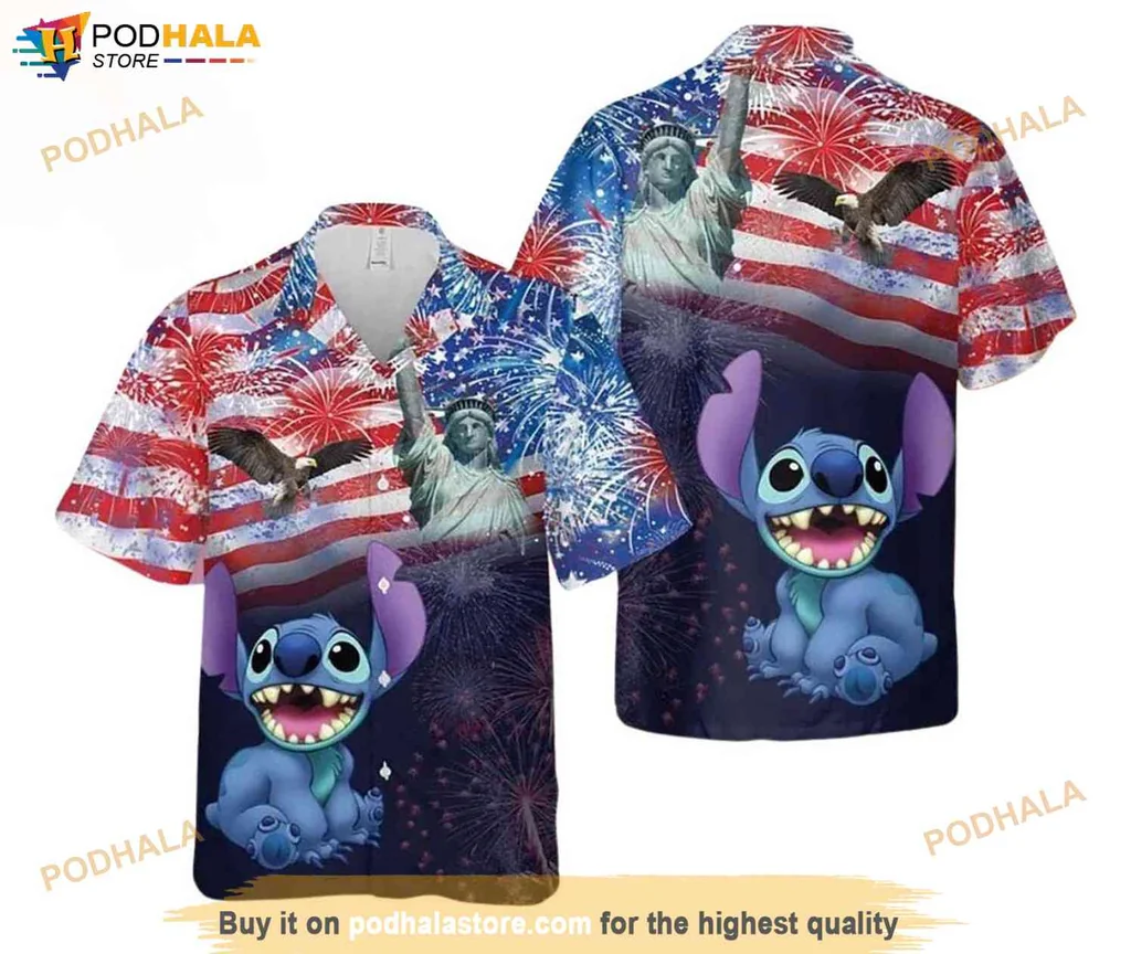 Festive Stitch Aloha Shirt, Disney Stitch 4th Of July Shirt With Fireworks And Flag