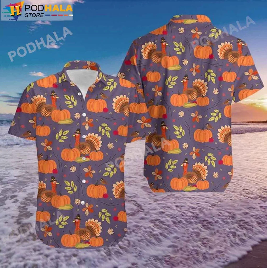 Festive Turkey Thanksgiving Hawaiian Shirt, Vibrant Pumpkin Print In Orange And Purple