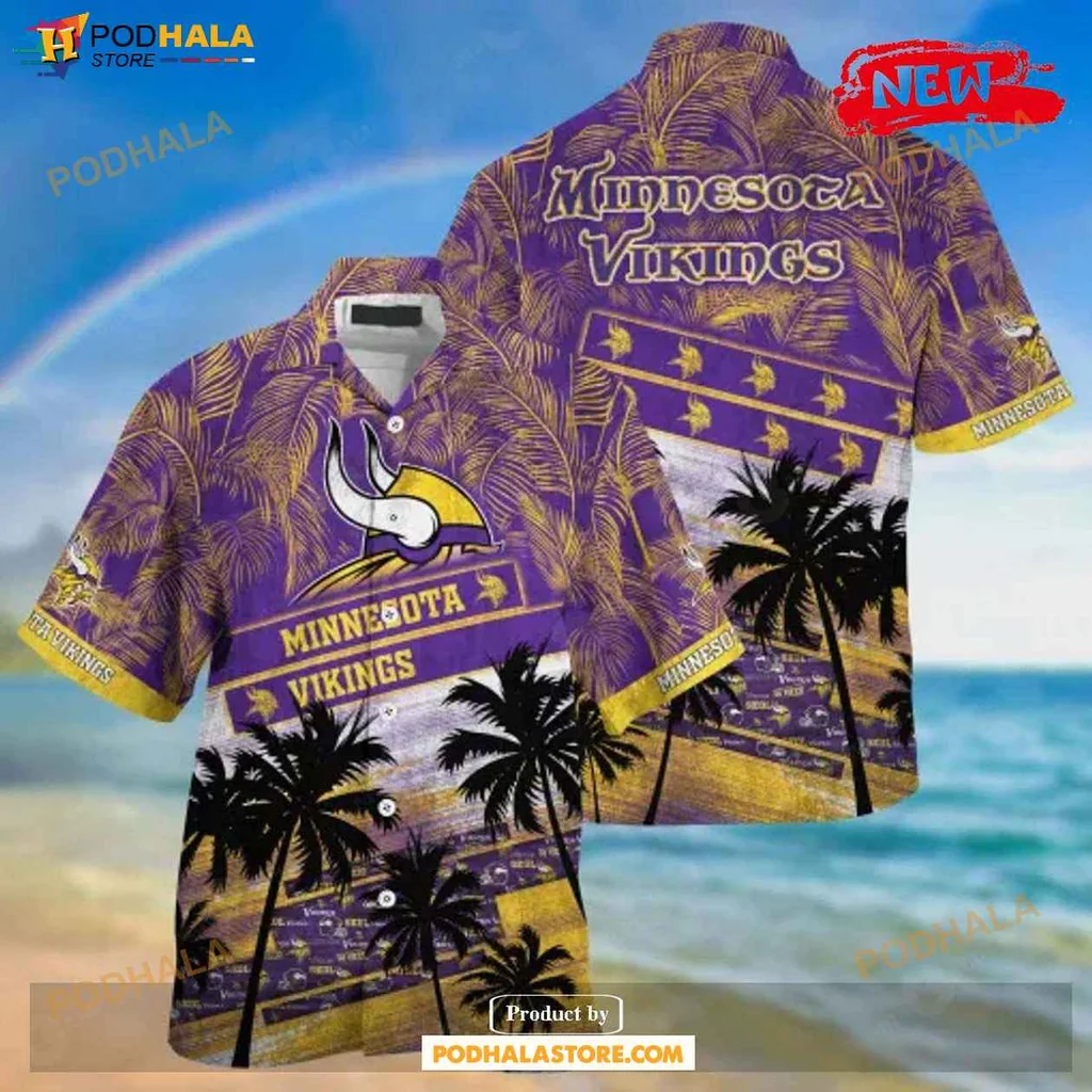 Festive Vikings Aloha Shirt With Palm Trees And Sunset Gradient Design