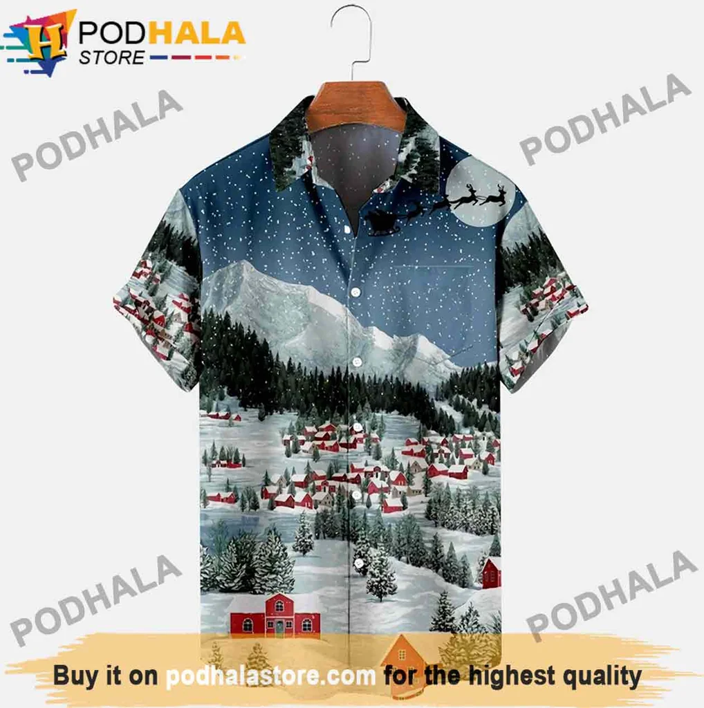 Festive Winter Village Hawaiian Shirt, Cozy Holiday Scene With Snowflakes And Pine Trees