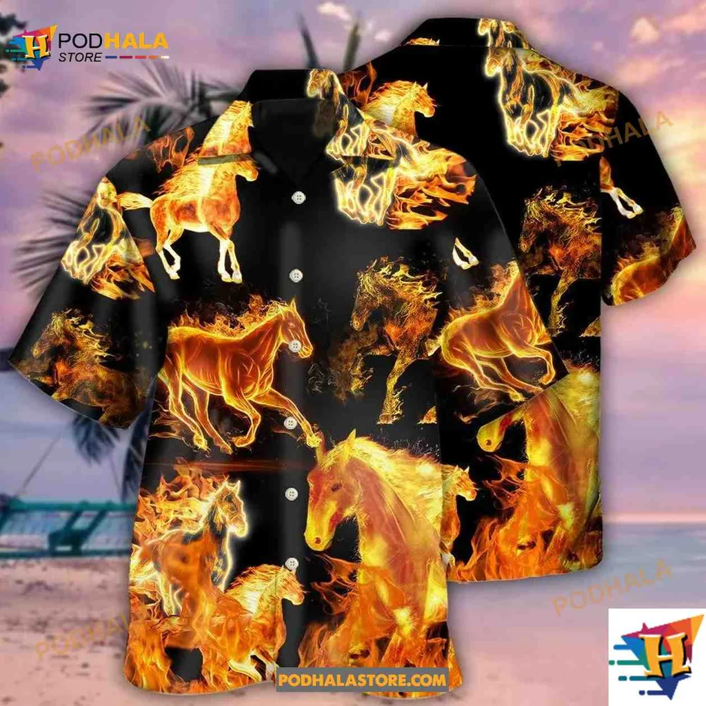 Fiery Horse Lovers Hawaiian Shirt, Majestic Horses In Vibrant Flames