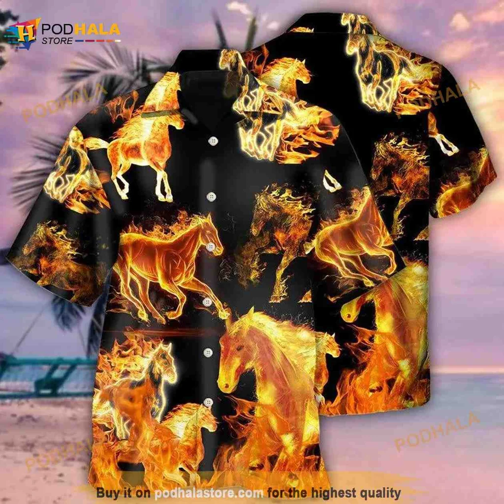 Fiery Horses Hawaiian Shirt, Bold Equestrian Gift For Horse Lovers