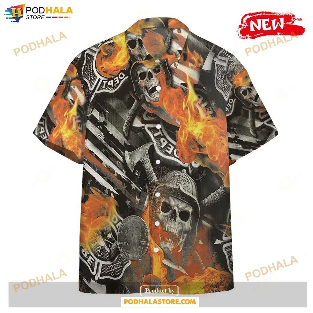Fiery Skull Firefighter Hawaiian Shirt With Flames, Axes And Badges Design