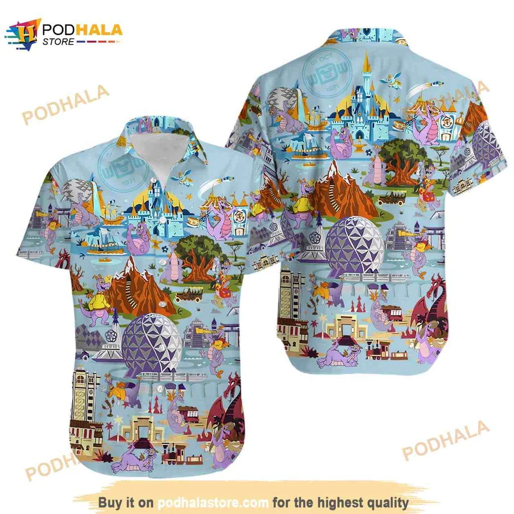Figment Dragon Hawaiian Shirt, Colorful Epcot Theme Park Design Figment Dragon Hawaiian Shirt, Colorful Epcot Theme Park Design