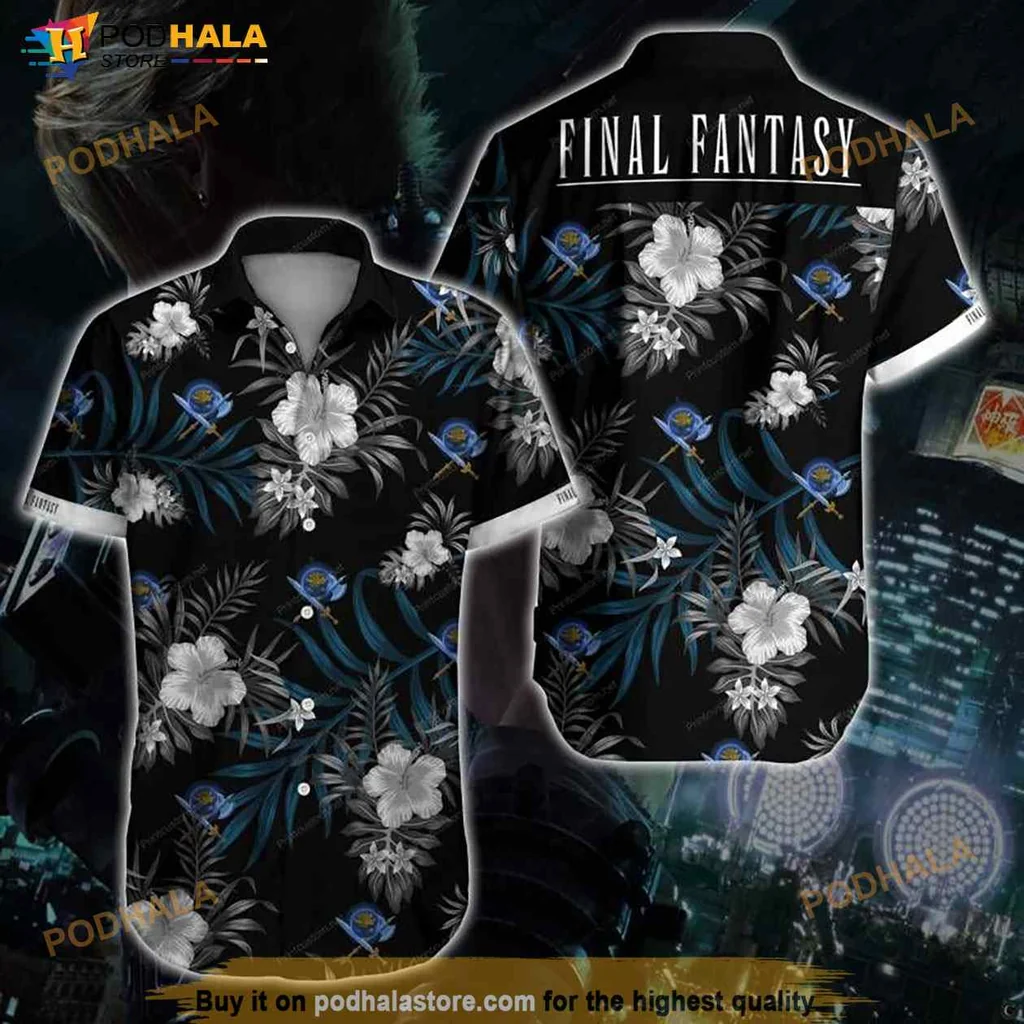 Final Fantasy Tropical Hawaiian Shirt With Hibiscus Flowers And Blue Accents
