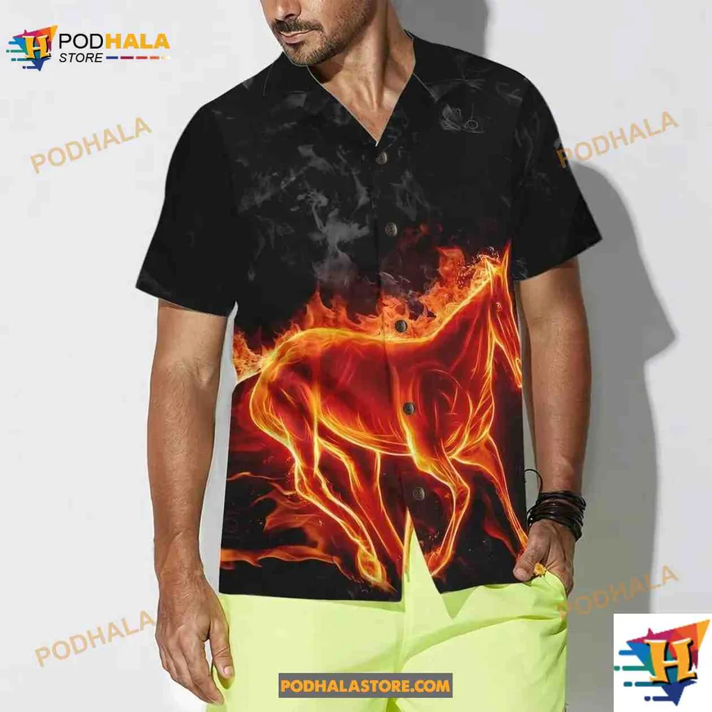 Fire Horse Tropical Shirt, Bold Aloha Shirt For Equestrian Enthusiasts Fire Horse Tropical Shirt, Bold Aloha Shirt For Equestrian Enthusiasts