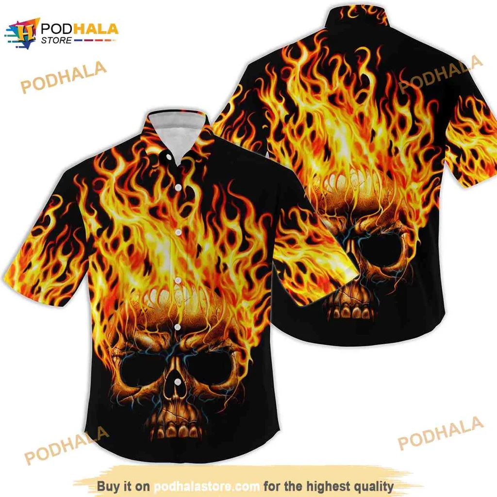Fire Skull Hawaiian Shirt With Vibrant Flames And Dark Background