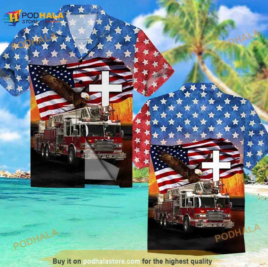 Fire Truck Eagle American Flag Hawaiian Shirt For Patriotic Wear