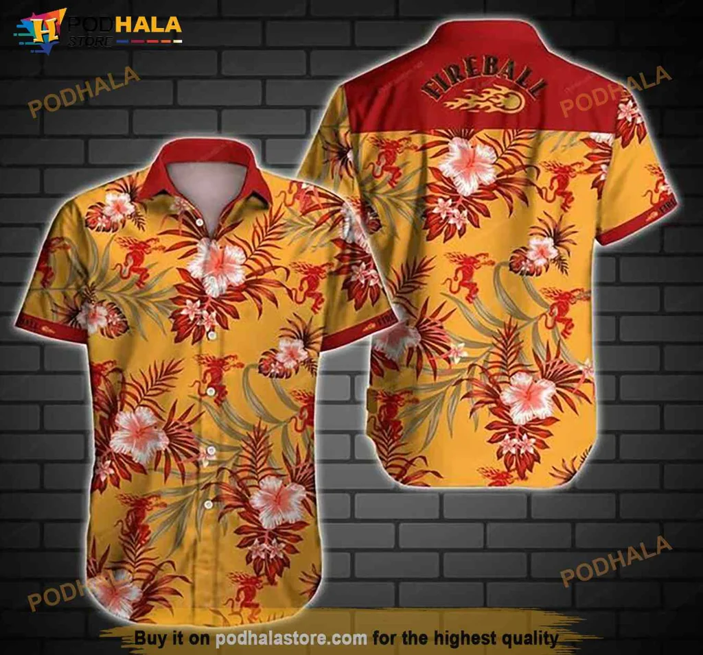 Fireball Cinnamon Whisky Hawaiian Shirt With Tropical Hibiscus Design