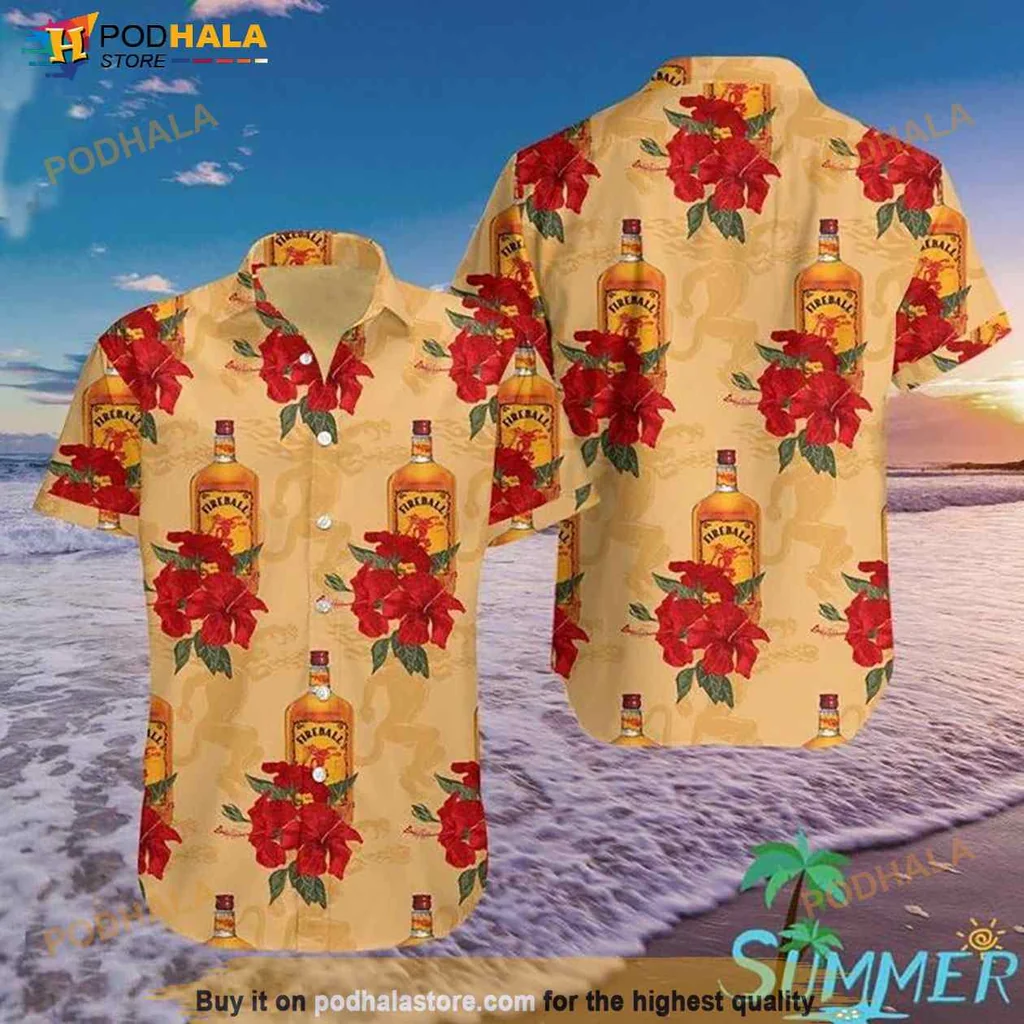 Fireball Whiskey Hibiscus Aloha Shirt With Tropical Vibe