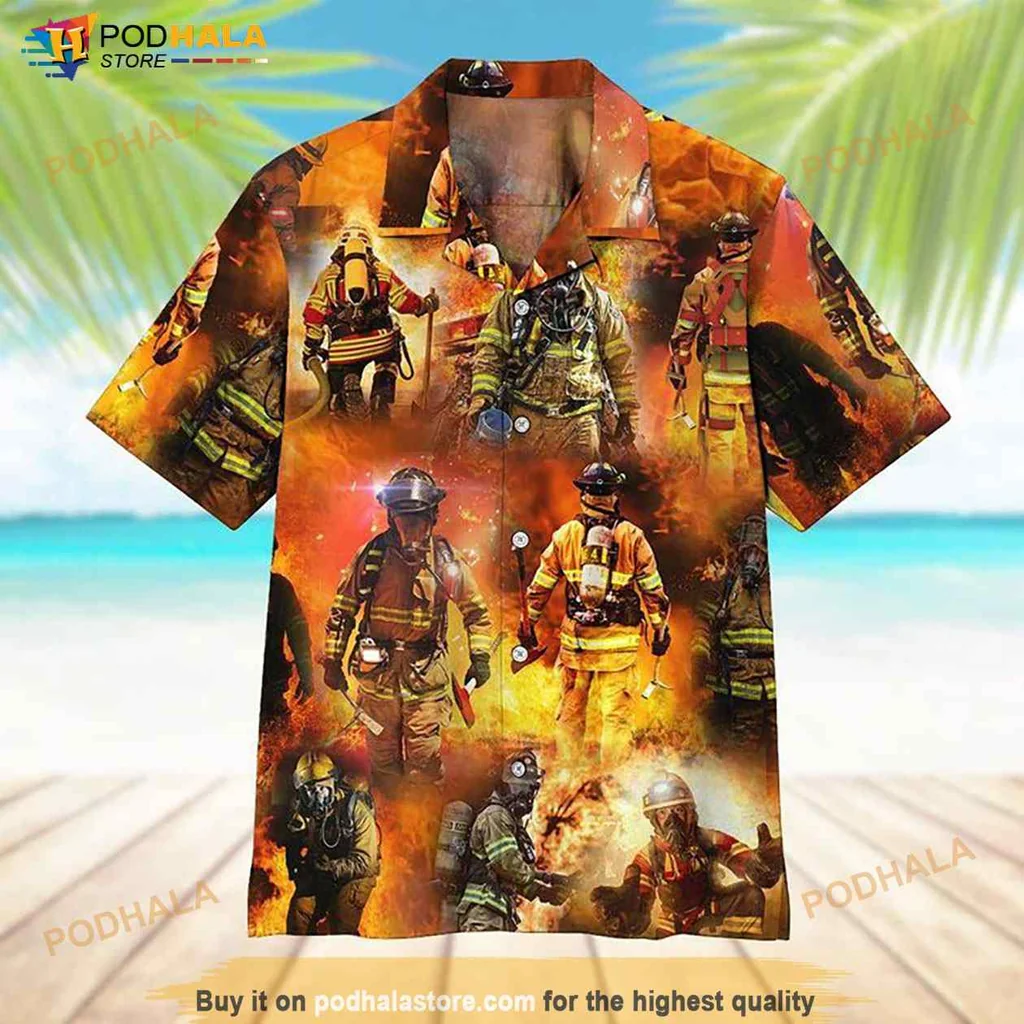 Firefighter Action Hawaiian Shirt With Bold Design And Fiery Colors