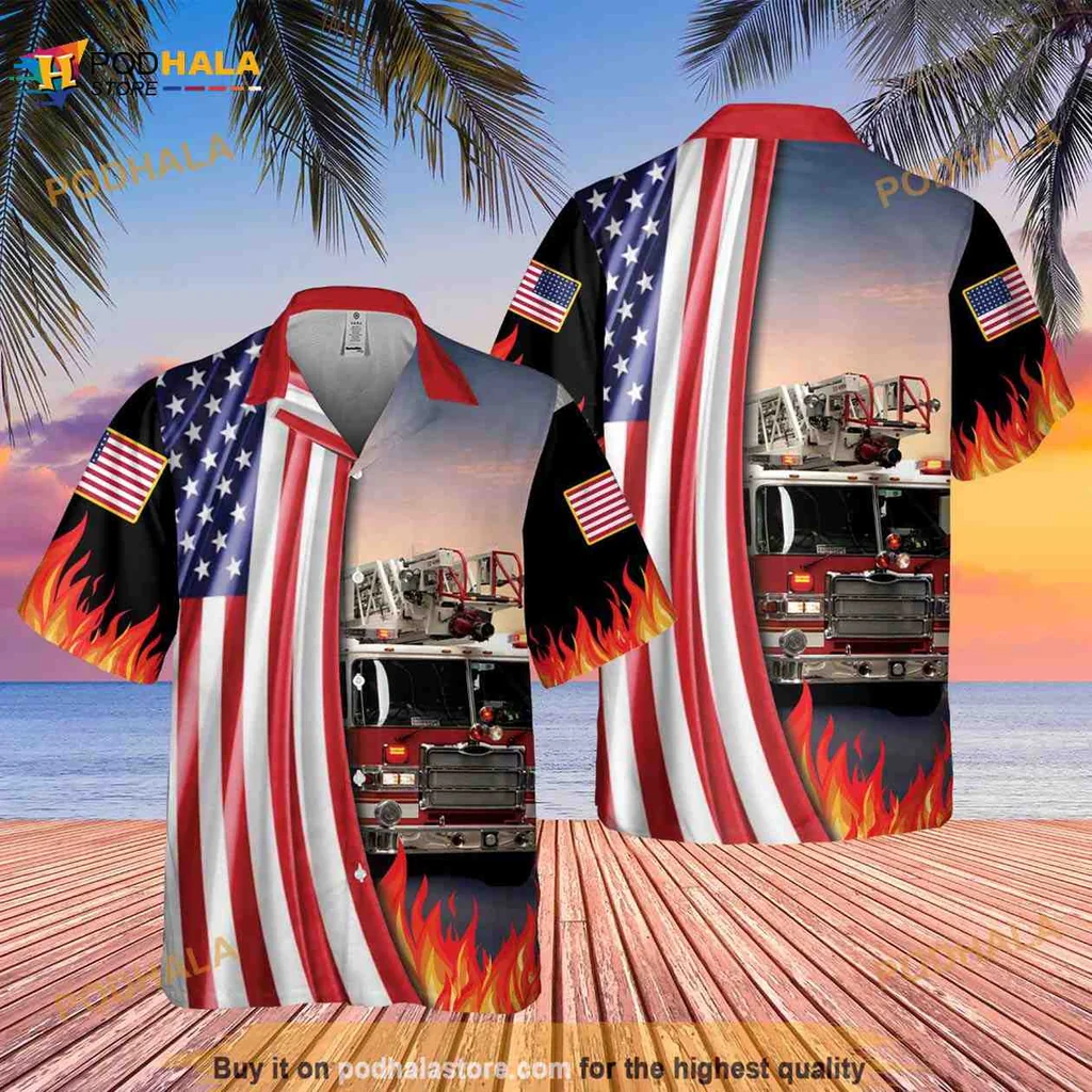 Firefighter American Flag Hawaiian Shirt With Fire Truck Design