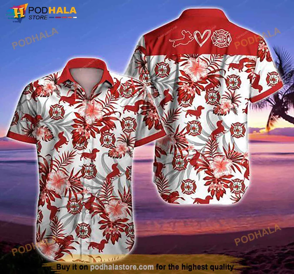 Firefighter Dachshund Hawaiian Shirt With Tropical Flowers And Helmets