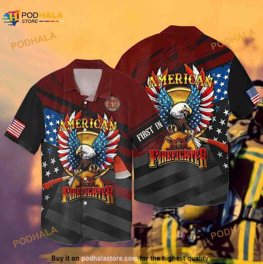 Firefighter Eagle Aloha Shirt, Patriotic Independence Day Design