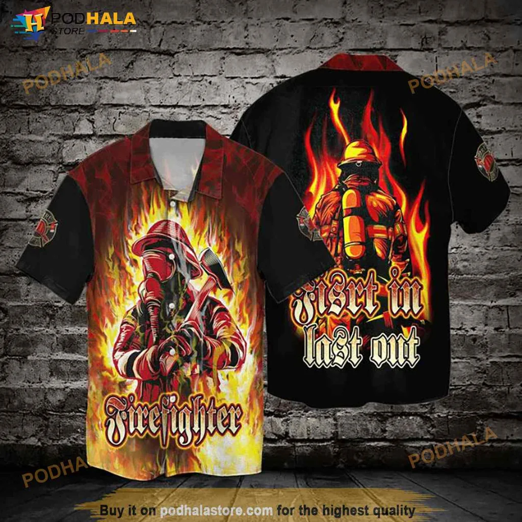 Firefighter First In Last Out Hawaiian Shirt With Bold Graphic Design