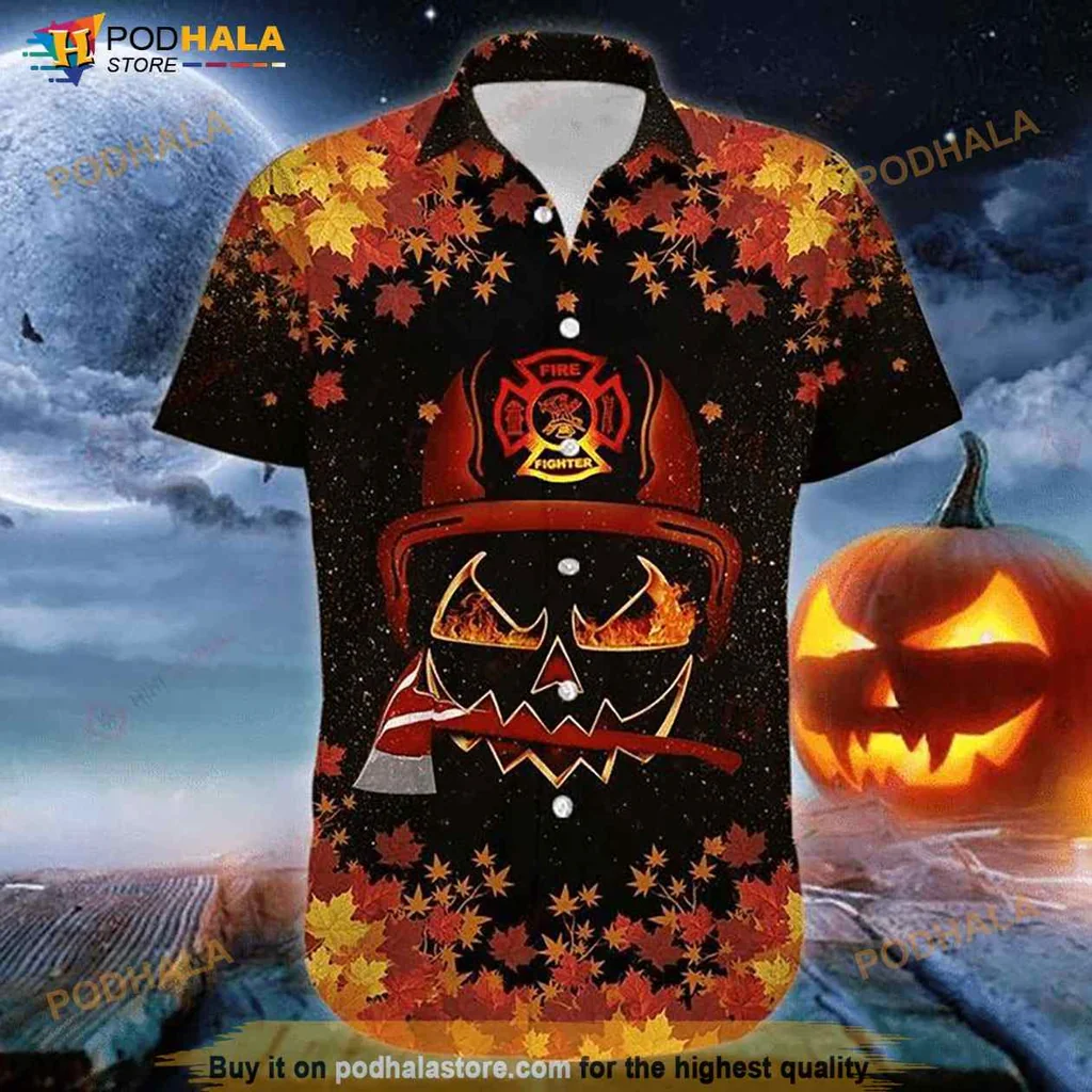 Firefighter Halloween Hawaiian Shirt With Skull And Autumn Leaves Design Firefighter Halloween Hawaiian Shirt With Skull And Autumn Leaves Design