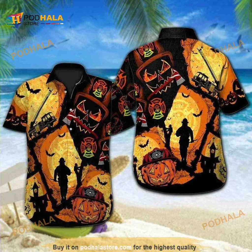 Firefighter Halloween Hawaiian Shirt With Skull And Pumpkins