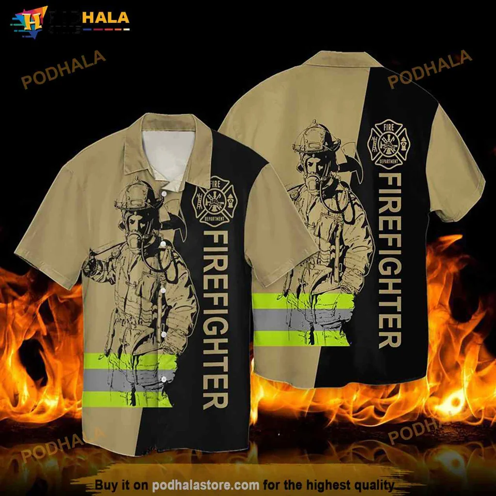 Firefighter Hawaiian Shirt With Heroic Design And Fire Department Insignia