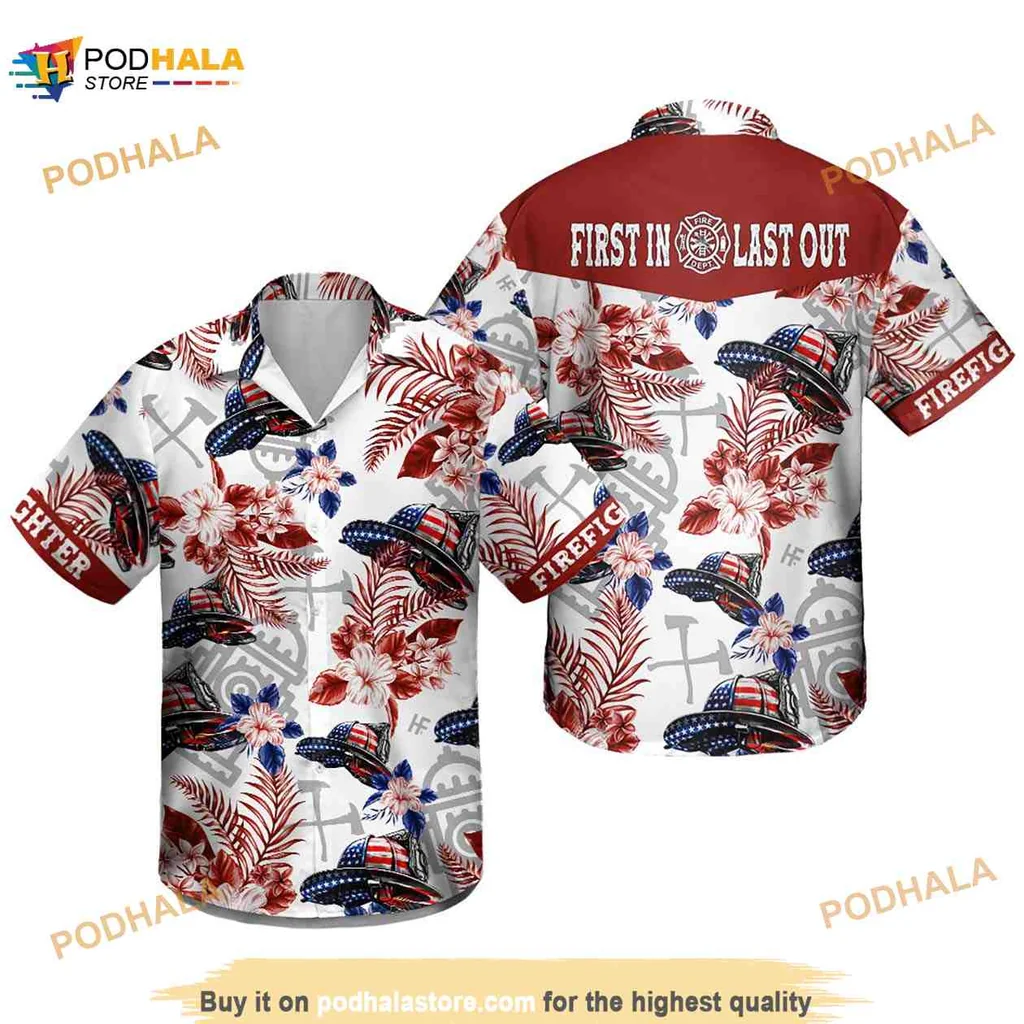 Firefighter Helmet Floral Aloha Shirt With First In Last Out Design