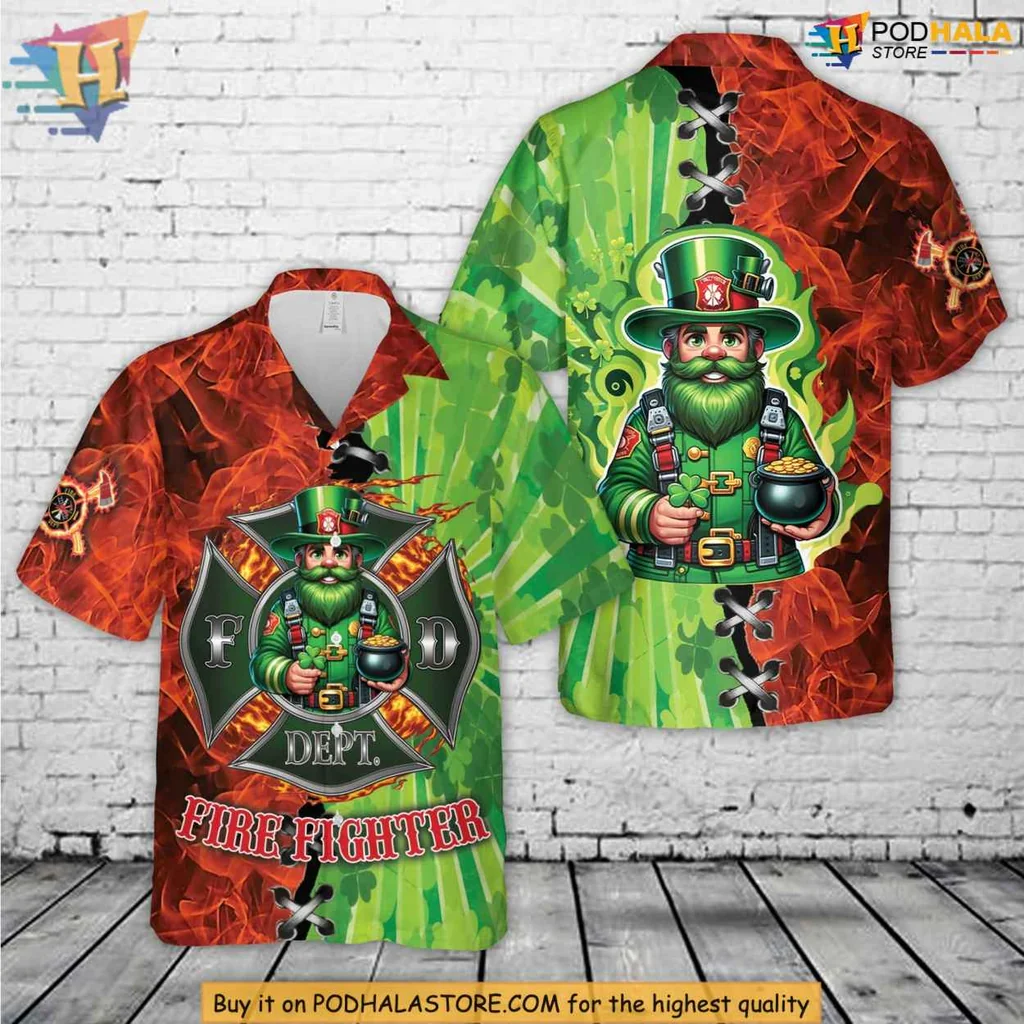 Firefighter Leprechaun Hawaiian Shirt With Festive St Patricks Day Design