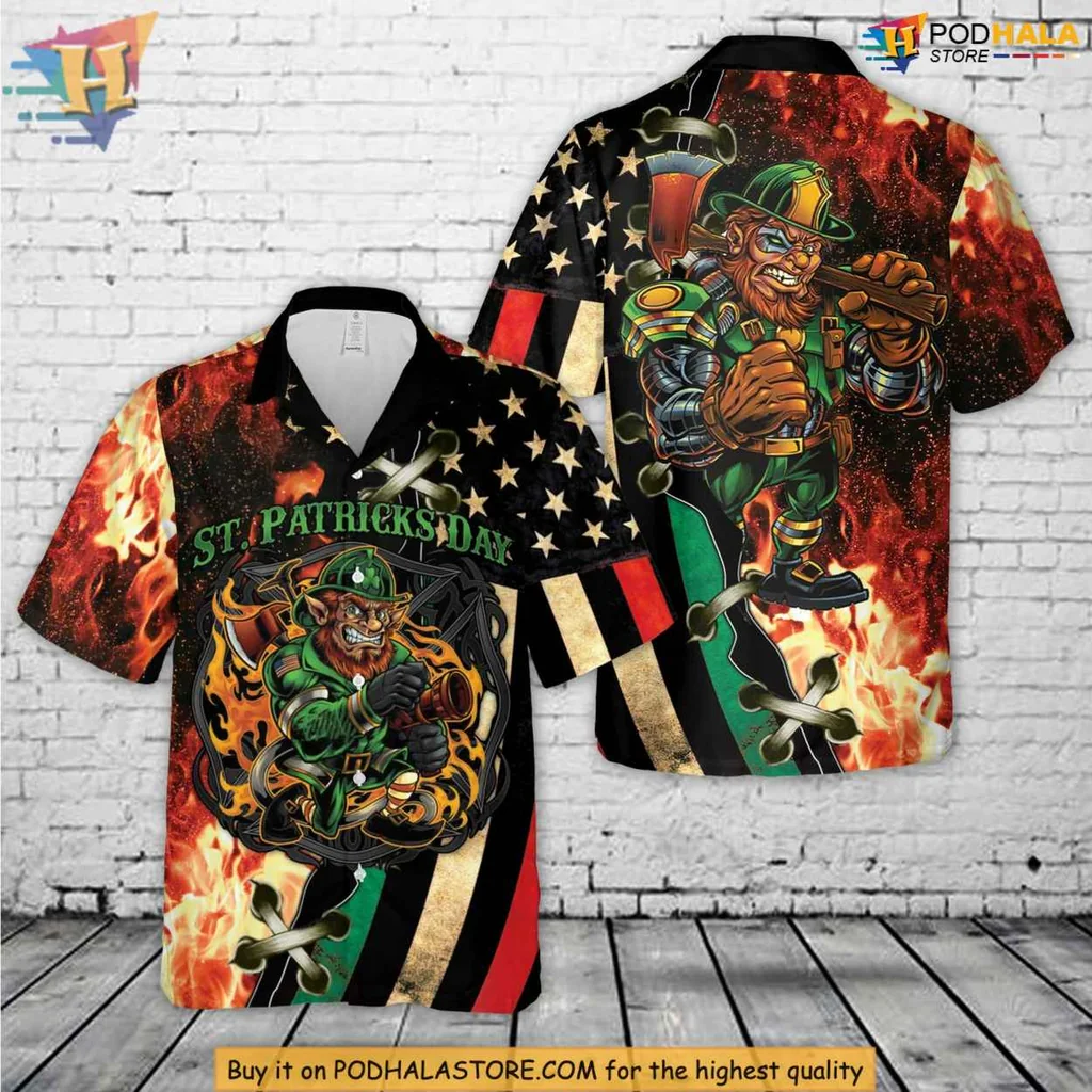 Firefighter Leprechaun Hawaiian Shirt With Irish Flag Design