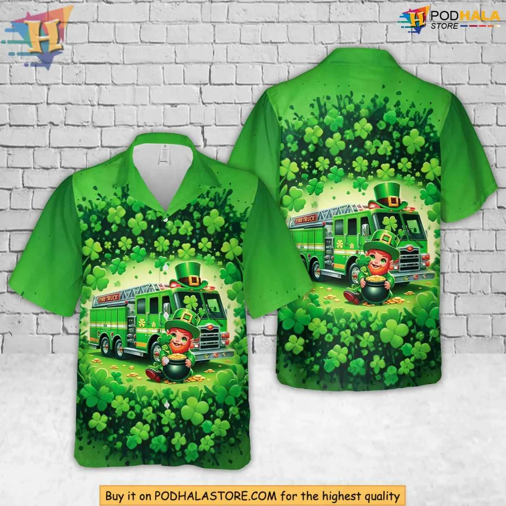 Firefighter Leprechaun Hawaiian Shirt With Shamrocks And Pot Of Gold