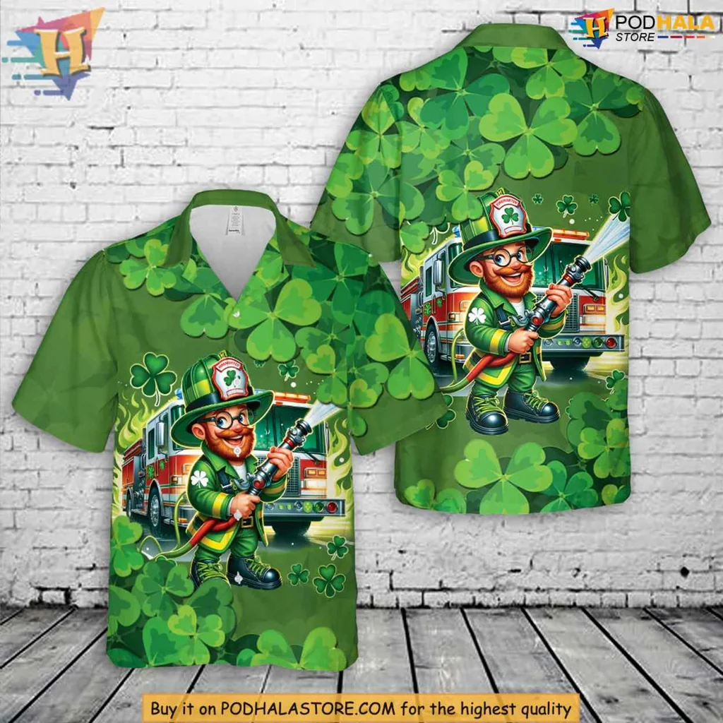 Firefighter Leprechaun Hawaiian Shirt With Shamrocks For St Patricks Day