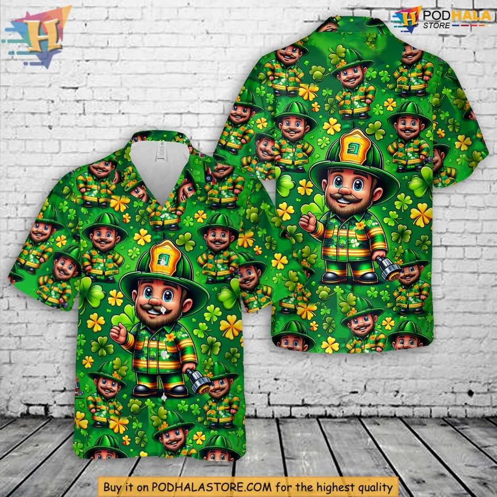 Firefighter Leprechaun Hawaiian Shirt With Shamrocks For St Patricks Day