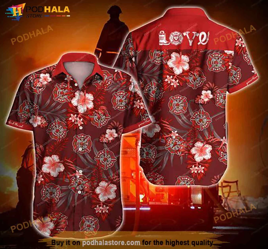Firefighter Love Hawaiian Shirt With Red Hibiscus And Cheerful Design