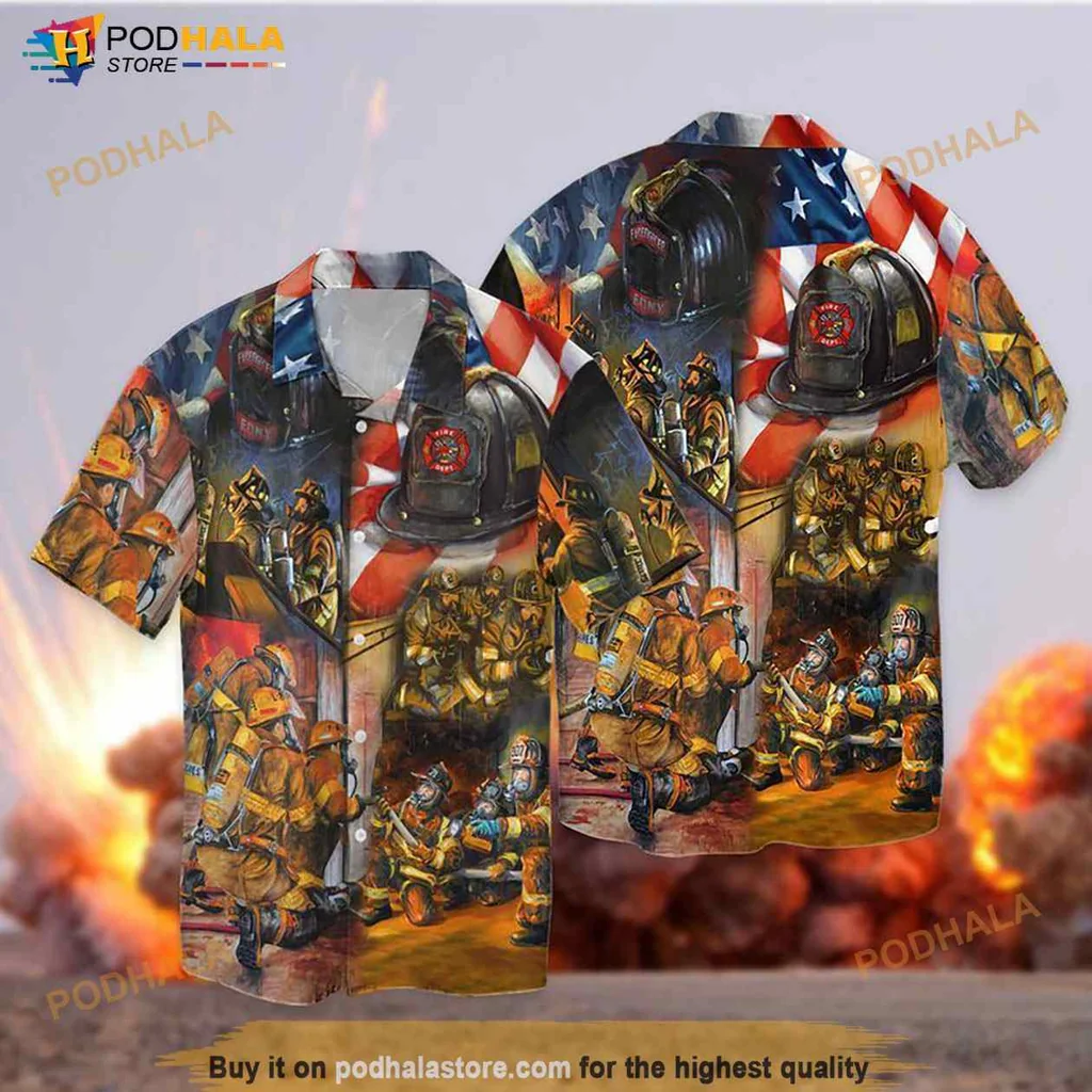 Firefighter Patriotic Hawaiian Shirt With American Flag Design