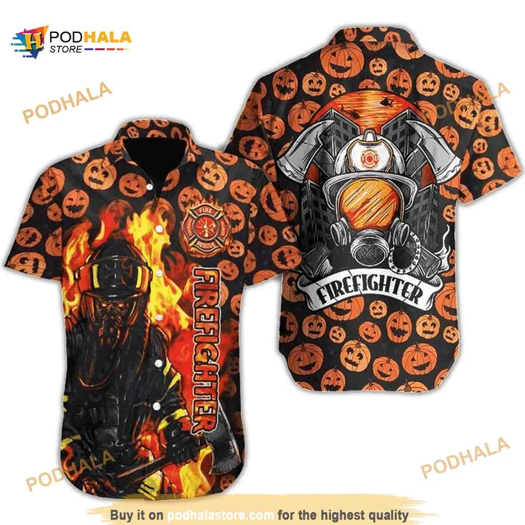 Firefighter Pumpkin Hawaiian Shirt With Bold Design For Halloween