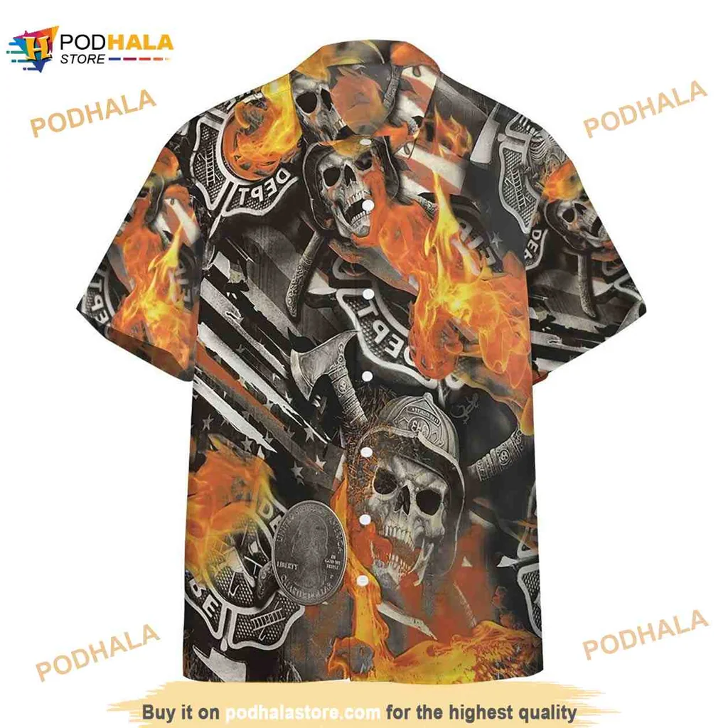 Firefighter Skull Hawaiian Shirt With Flames And Heroic Design