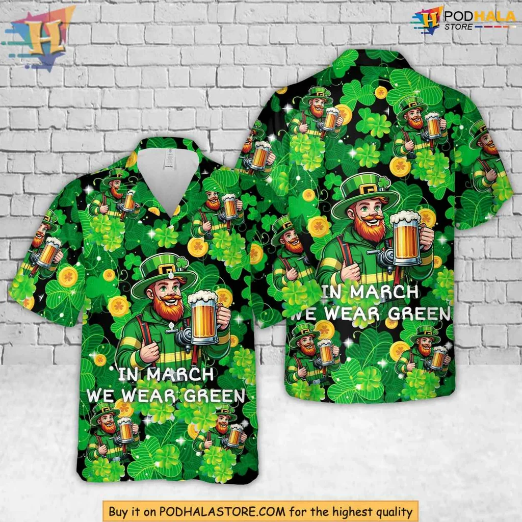 Firefighter St Patricks Day Hawaiian Shirt With Cheerful Leprechaun Design