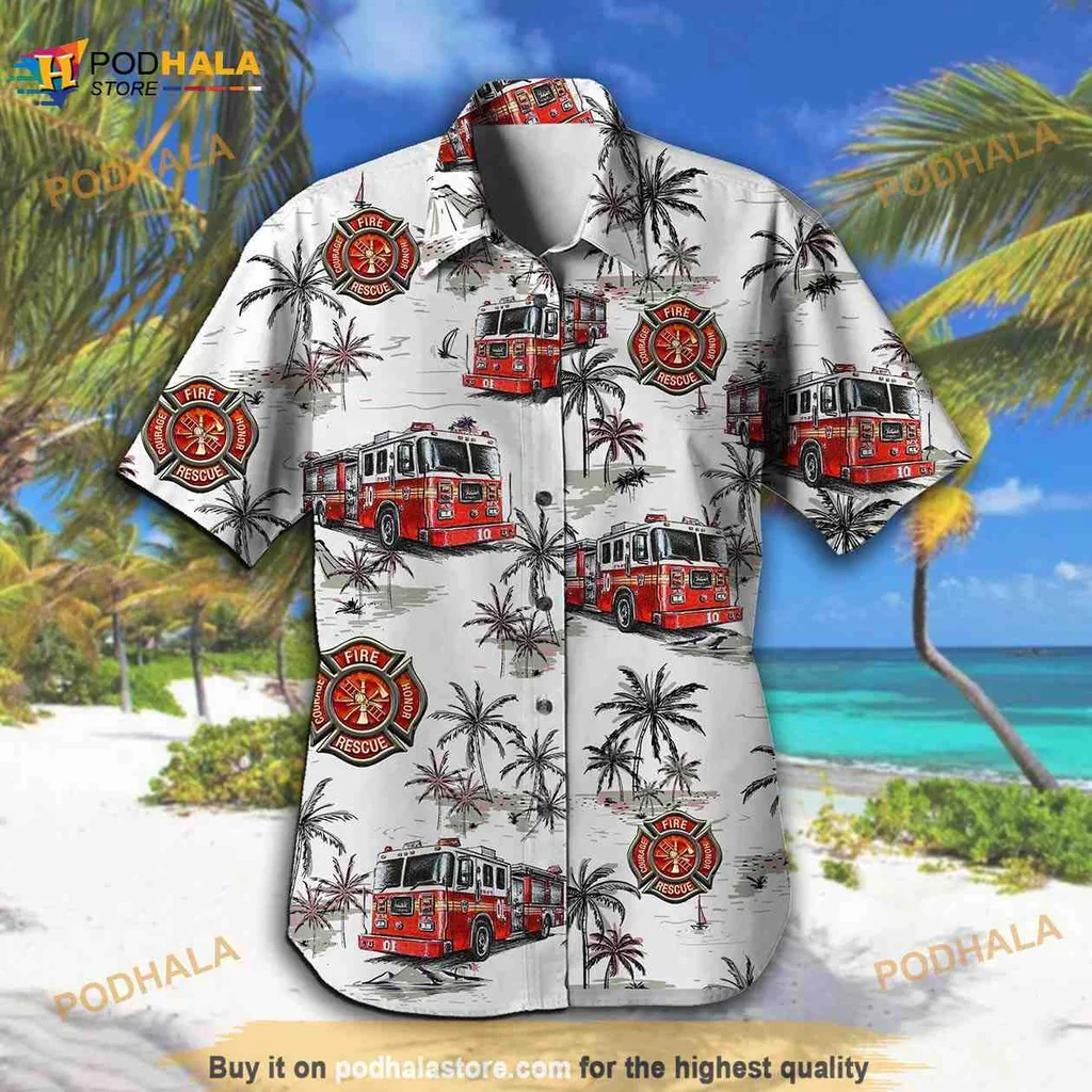 Firefighter Tropical Hawaiian Shirt Featuring Classic Fire Truck Design