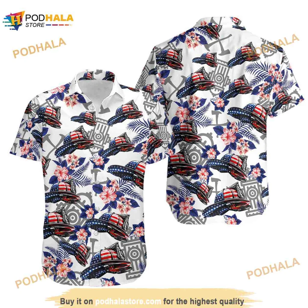 Firefighter Tropical Hawaiian Shirt With Colorful Fire Trucks And Floral Patterns