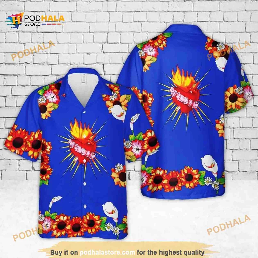 Flaming Heart Floral Hawaiian Shirt With Colorful Flowers And Doves