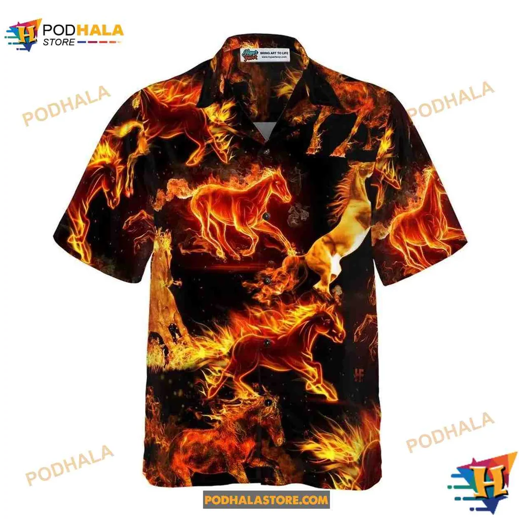 Flaming Horses Aloha Shirt, Vibrant Hawaiian Shirt For Horse Lovers