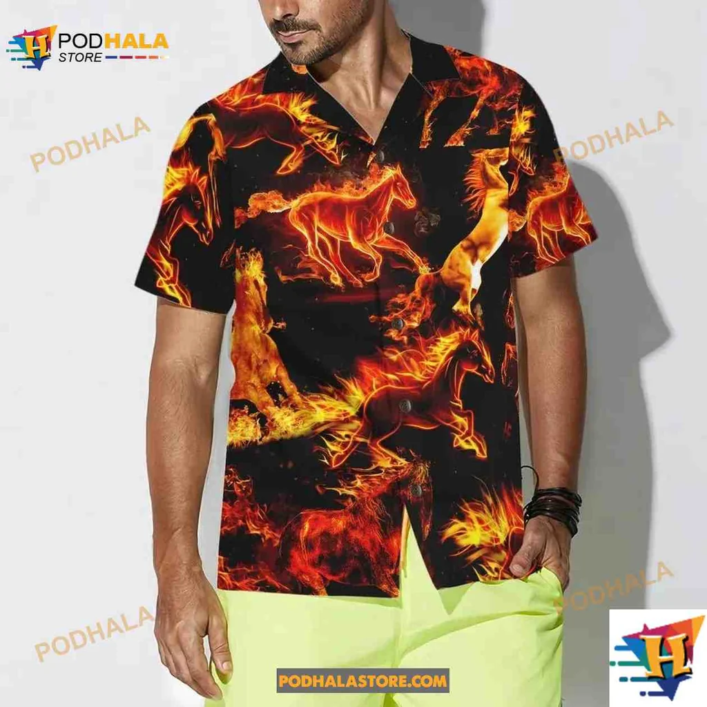 Flaming Horses Short-sleeve button-up shirt, Vibrant Hawaiian Shirt For Horse Lovers Flaming Horses Short-sleeve button-up shirt, Vibrant Hawaiian Shirt For Horse Lovers