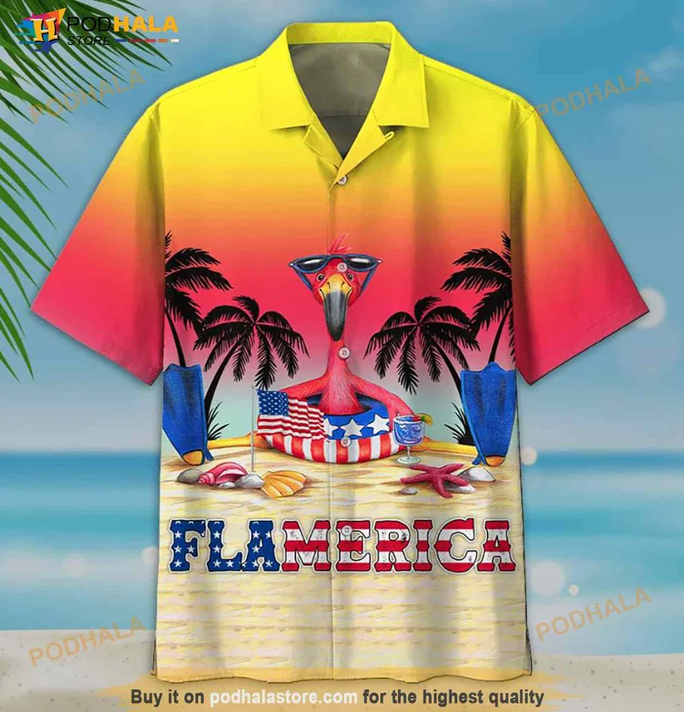 Flamingo American Flag Hawaiian Shirt With Colorful Beach Design