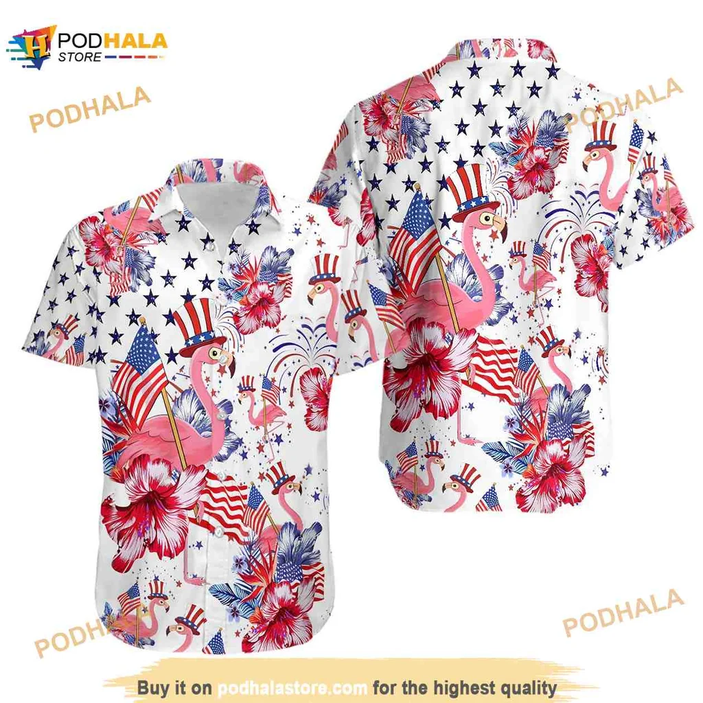 Flamingo American Flag Hawaiian Shirt With Tropical Flowers And Top Hats