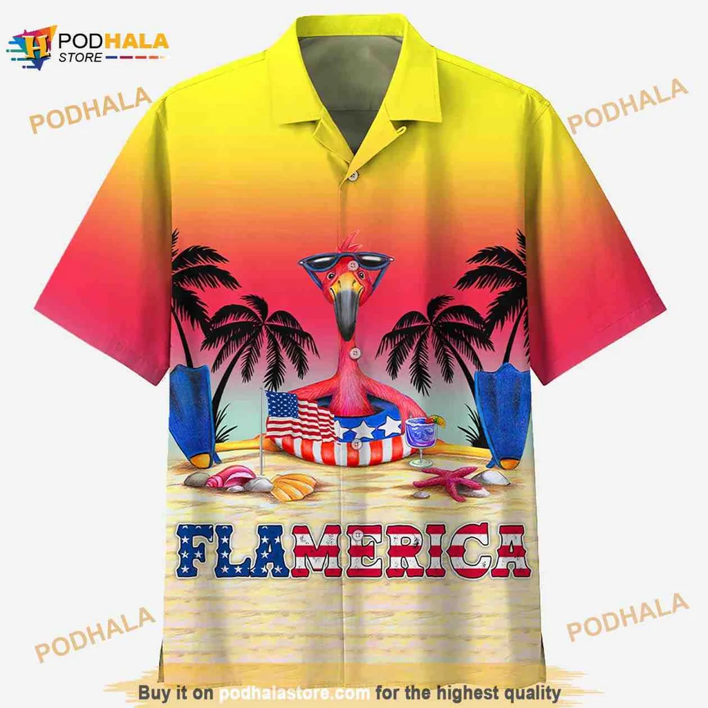 Flamingo American Flag Hawaiian Shirt With Tropical Palm Trees