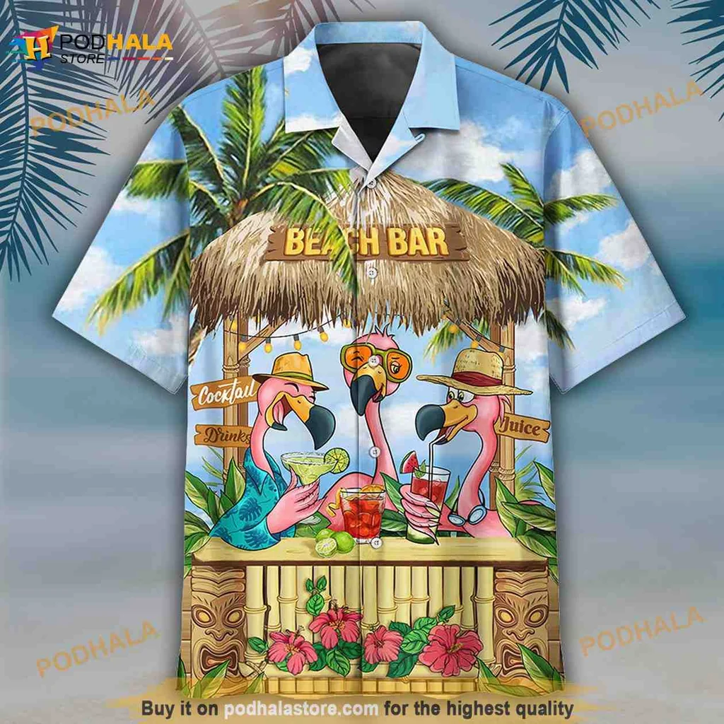 Flamingo Beach Bar Hawaiian Shirt With Tropical Cocktails And Palm Leaves
